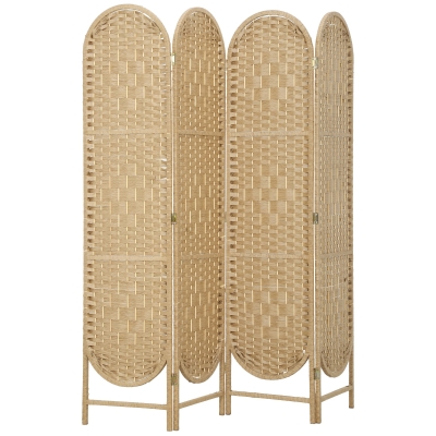 HOMCOM Biombo Separador de 4 Painéis 160x170 cm Painel de Privacidade Dobrável Boémio com Topo Arqueado Entrançado à Mão Madeira