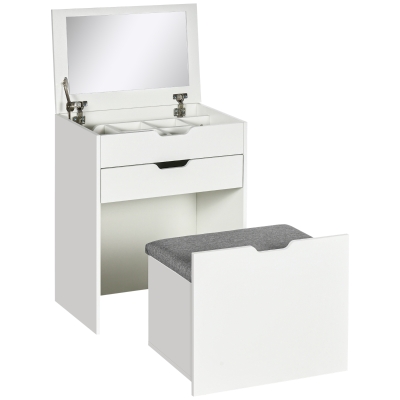 HOMCOM Toucador com Banco Oculto e Espelho Rebatível Mesa de Maquilhagem com Gaveta e 7 Compartimentos Banco Acolchoado Branco