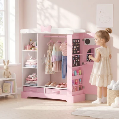 AIYAPLAY Kids Wardrobe with Lighted Mirror, Clothes Rail, Jewelry Cabinet, Shelves, Storage Boxes for Bedroom, Nursery, Pink