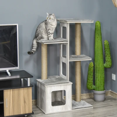 PawHut Arbre à chats design contemporain griffoirs grattoirs sisal naturel niche plate-formes 6 coussins MDF bois gris
