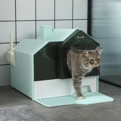 PawHut Caixa de Areia Fechada para Gatos com Bandeja Amovível Pá e Filtro Desodorizante 47x45x42 cm Azul Claro