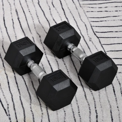 HOMCOM Dumbbells 10 KG Hexagon Dumbbell Set Rubber Hexagon Dumbbells Zwart