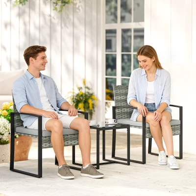 Outsunny Rattan bistroset, 3-delig tuinmeubelset met 2 tuinstoelen, bijzettafel, afneembare kussens Lichtgrijs