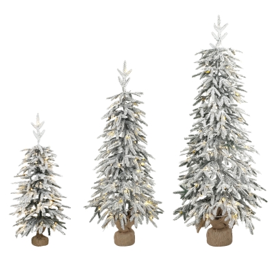 HOMCOM Flocked Artificial Christmas Tree Set LED 3/4/5FT White
