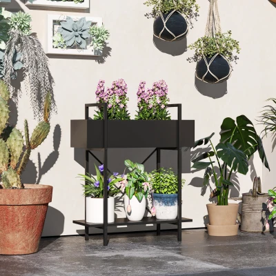 Outsunny Plantenstandaard met 2 lagen, afvoergaten, voor binnen en buiten, Metaal, Zwart