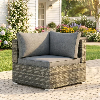 Outsunny Rattan Corner Sofa Light Grey with Cushions