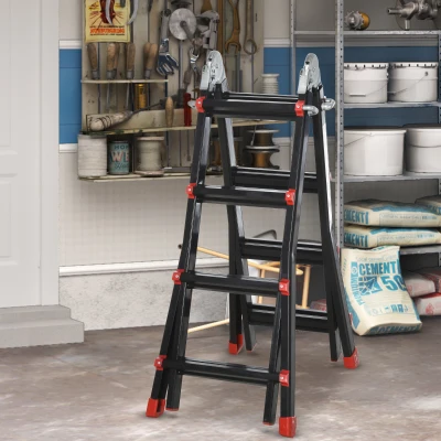 HOMCOM Telescoopladder, antislip treden, tot 150 kg belastbaar, aluminium, Zwart+Rood