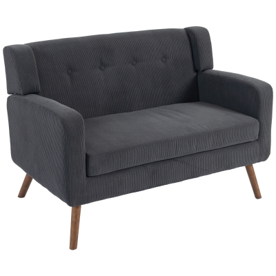 HOMCOM 2 Seater Sofa, 118 cm Corduroy Small Loveseat with Spring Cushion, Wood Legs for Small Space, Living Room, Dark Grey