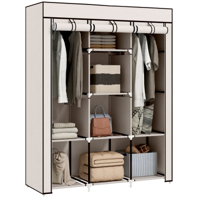 HOMCOM Roupeiro de Tecido Dobrável com 8 Prateleiras de Armazenamento e 2 Barras de Pendurar 125x43x162,5cm Creme