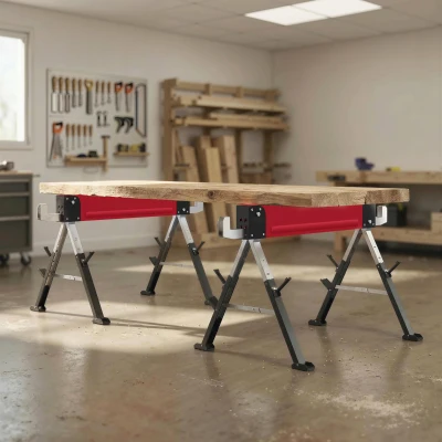 HOMCOM 2-delige set zaagbokken tot 1160 kg, inklapbaar, 7-voudig in hoogte verstelbaar (64-81 cm), metalen werkbokken met handgreep, rood