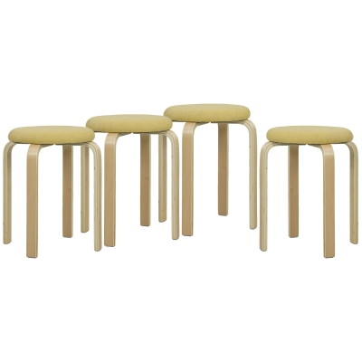 HOMCOM Conjunto de 4 Bancos Empilháveis Redondos Bancos Baixos de Cozinha com Assento Acolchoado Ø40x45 cm Amarelo e Madeira