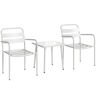 Outsunny Conjunto de Jardim com 3 Peças em Aço Galvanizado com 2 Cadeiras e Mesa de Vidro Temperado Branco