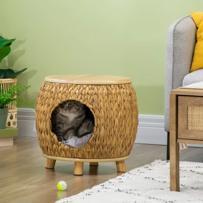 PawHut 2-in-1 kattengrot met waterhyacintgras, wasbaar kussen 44 cm x 43 cm x 42 cm, lichtbruin+natuurlijk hout+grijs