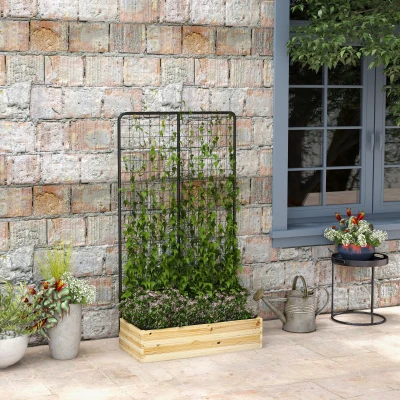 Outsunny Houten verhoogde plantenbak met klimrek, voering van vliesstof, natuurlijk hout, staal, 80x38x145 cm, zwart