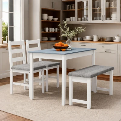 HOMCOM Sitzgruppe, 4-teiliges Esstisch-Set, 1 Tisch, 1 Bank, 2 Stühle, Grau + Weiß