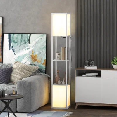HOMCOM Lampada da Terra 2 Paralumi e 2 Ripiani Lampadine E27 Bianco