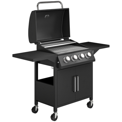 Outsunny 4 Burner Gas BBQ Grill Portable Trolley with Storage