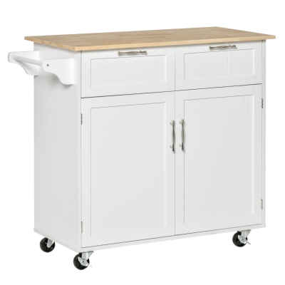 HOMCOM Mueble Auxiliar de Cocina con Ruedas 2 Cajones 2 Puertas Estante Ajustable y Toallero 104x46x91 cm Blanco