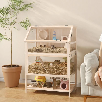 PawHut Wooden Hamster Cage with Storage Shelf and Wheel