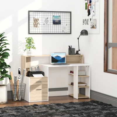 HOMCOM Computer Desk with Drawers Oak and White 137x55cm