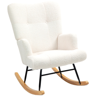 HOMCOM Poltrona Baloiço em Borrego Poltrona para Amamentação com Encosto Capitonê e Base de Madeira 65x88x87 cm Creme