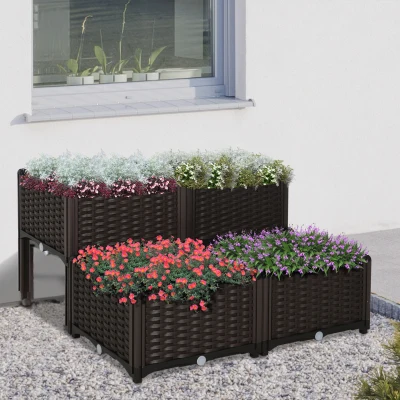 Outsunny verhoogd bed, 4-delige plantenbak met afwateringsgaten, plantenkasst in rotan-look, PP, bruin