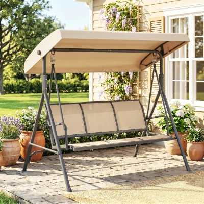 Outsunny Baloiço de Jardim Exterior de 3 Lugares com Toldo Reclinável Assento Respirável e Estrutura de Aço 175x118x159 cm Bege