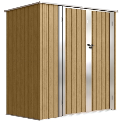 Outsunny Abrigo de Jardim Exterior Metálico 1,37 m² 163x89x163 cm com Telhado Inclinado, Portas com Fecho e Luvas Castanho