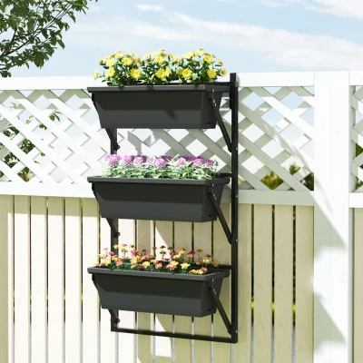 Outsunny 3-delige Set Bloempotten Plantenbakken met Afvoergaten, 56x42 cm, Rechthoekige, Kunststof, Donkergrijs
