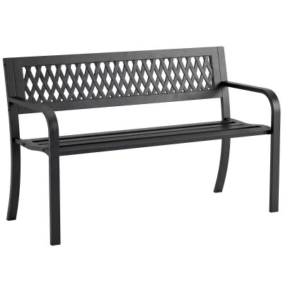 Outsunny Banco de Jardim Exterior de 2 Lugares com Assento Ripado, Apoios de Braço e Estrutura de Aço 119x50x75 cm Preto