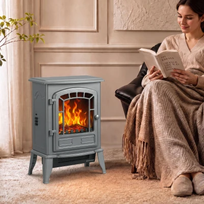 HOMCOM Electric Fireplace Stove LED Flame Adjustable Thermostat Grey