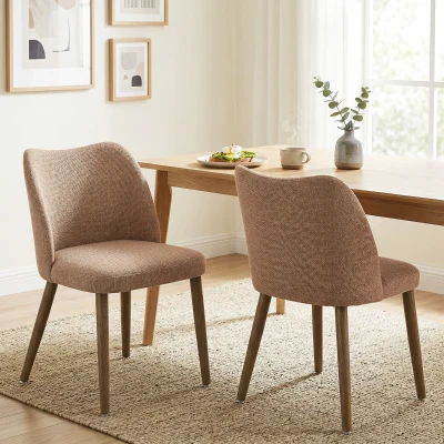 HOMCOM Dining Chairs Set Linen Padded Curved Rubberwood Brown