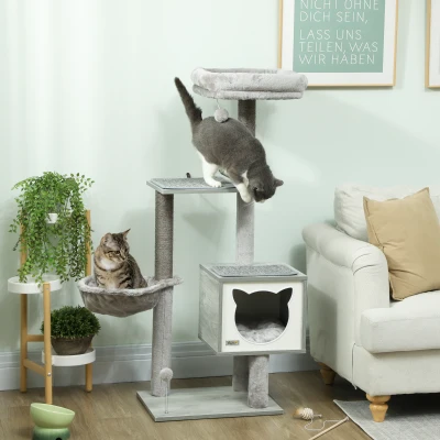 PawHut Arranhador para Gatos com Plataforma Rede Caverna Cama Postes de Sisal e Bolas de Brincar 48x40x126 cm Cinza