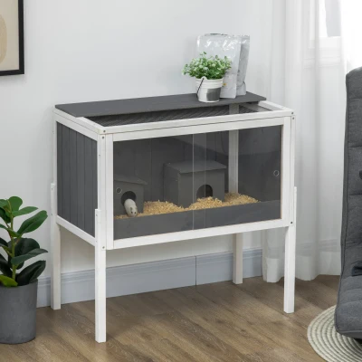 PawHut Gaiola para Hamster de Madeira com 2 Portas de Acrílico Prateleira Amovível 2 Casas 82x45x81cm Cinza e Branco