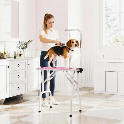 PawHut Foldable Dog Grooming Table Rubber Top Pink 32"