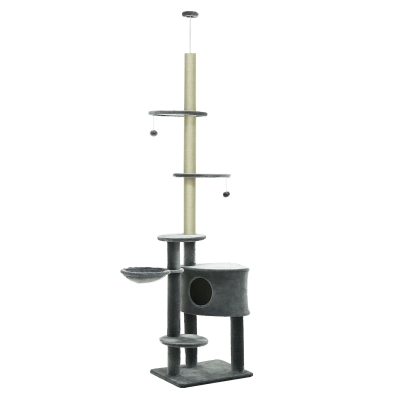 PawHut Cat Tree Play Tower Adjustable Height 220-265cm Dark Grey