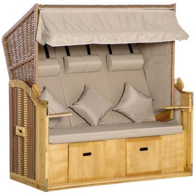 Outsunny strandstoel 3-zits ligbed met dak 2 klaptafels voetenbank chaise longue 5-traps rugleuning XXL polyrotan naturel 150 x 79 x 160 cm