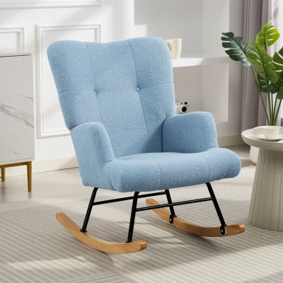 HOMCOM Poltrona Baloiço em Borrego Poltrona para Amamentação com Encosto Capitonê e Base de Madeira 65x88x87 cm Creme