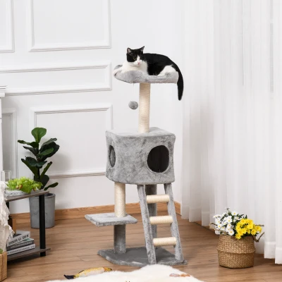 PawHut krabpaal kattenboom met kattengrot trap zacht kussen E1 MDF sisal lichtgrijs