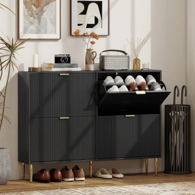 HOMCOM Sapateira Estreita com 4 Portas Caneladas e Estantes Ajustáveis para 20 Pares 105x24x91,5 cm Preto