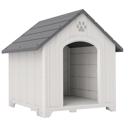 PawHut Casota para Cães de Exterior Casa para Cães Grandes de Plástico com 2 Janelas Base Elevada Estacas Cinzento