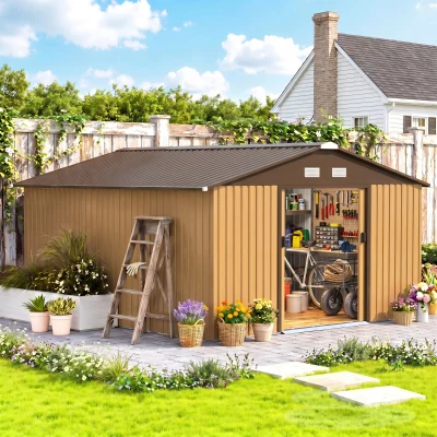 Outsunny Caseta de Jardim Exterior, 12,4 m² 340x386x200 cm Abrigo de Jardim Metálico com Portas Duplas com Fechadura, Kit de Fundação e Ventilação para Armazenamento de Bicicletas, Cor Ocre Escuro