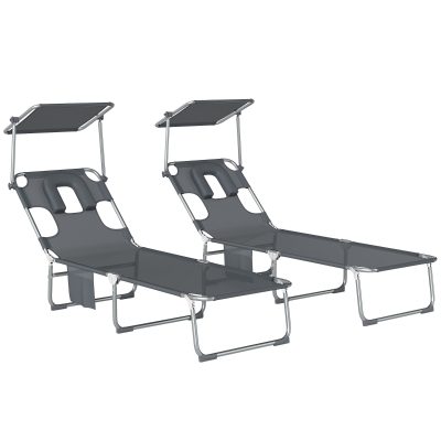 Outsunny Conjunto de 2 Espreguiçadeiras Dobráveis com Dossel 360° Encosto 5 Posições Orifício Facial 188x56x27 cm Cinza Escuro