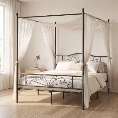 HOMCOM Metal Canopy Bed Frame Double with Storage Black