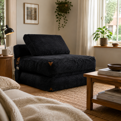3-in-1 Convertible Corduroy Floor Sofa Bed with Side Pockets, 87L x 86W x 40H cm, Gray