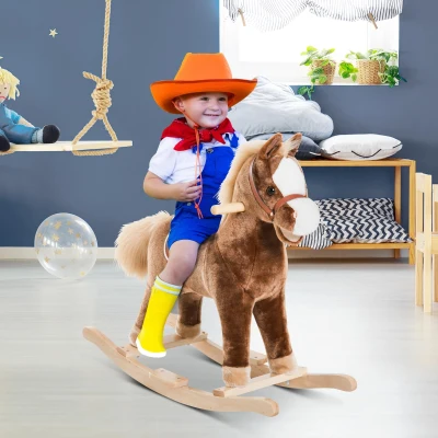 HOMCOM Caballo de Juguete para Niños de +3 Años con Asas Marco de Metal y Base de Madera Carga 40 kg 74x33x62 cm Marrón