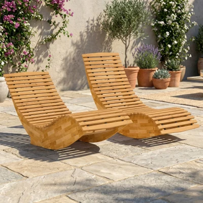 Outsunny Conjunto de 2 Cadeiras de Balanço de Jardim Dobráveis Ergonómicas com Design Ripado 60x156x77 cm Natural