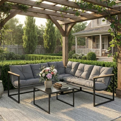 Outsunny Conjunto de Jardim Exterior com Almofadas Espessas, 2 Sofás de 2 Lugares, Sofá de Canto e Mesa de Centro com Vidro, Cinzento