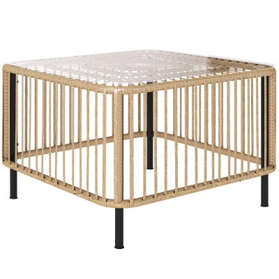 Outsunny Polyrattan Tuintafel, 65 x 65 x 43 cm, Weerbestendige Bijzettafel Vierkant met Glazen Plaat, Natuurlijk Hout