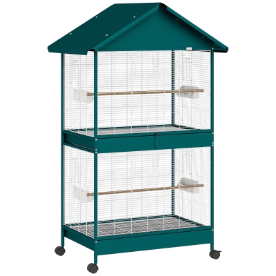 PawHut Cage Oiseaux Métal Séparateur Roulettes Mangeoires Perchoirs